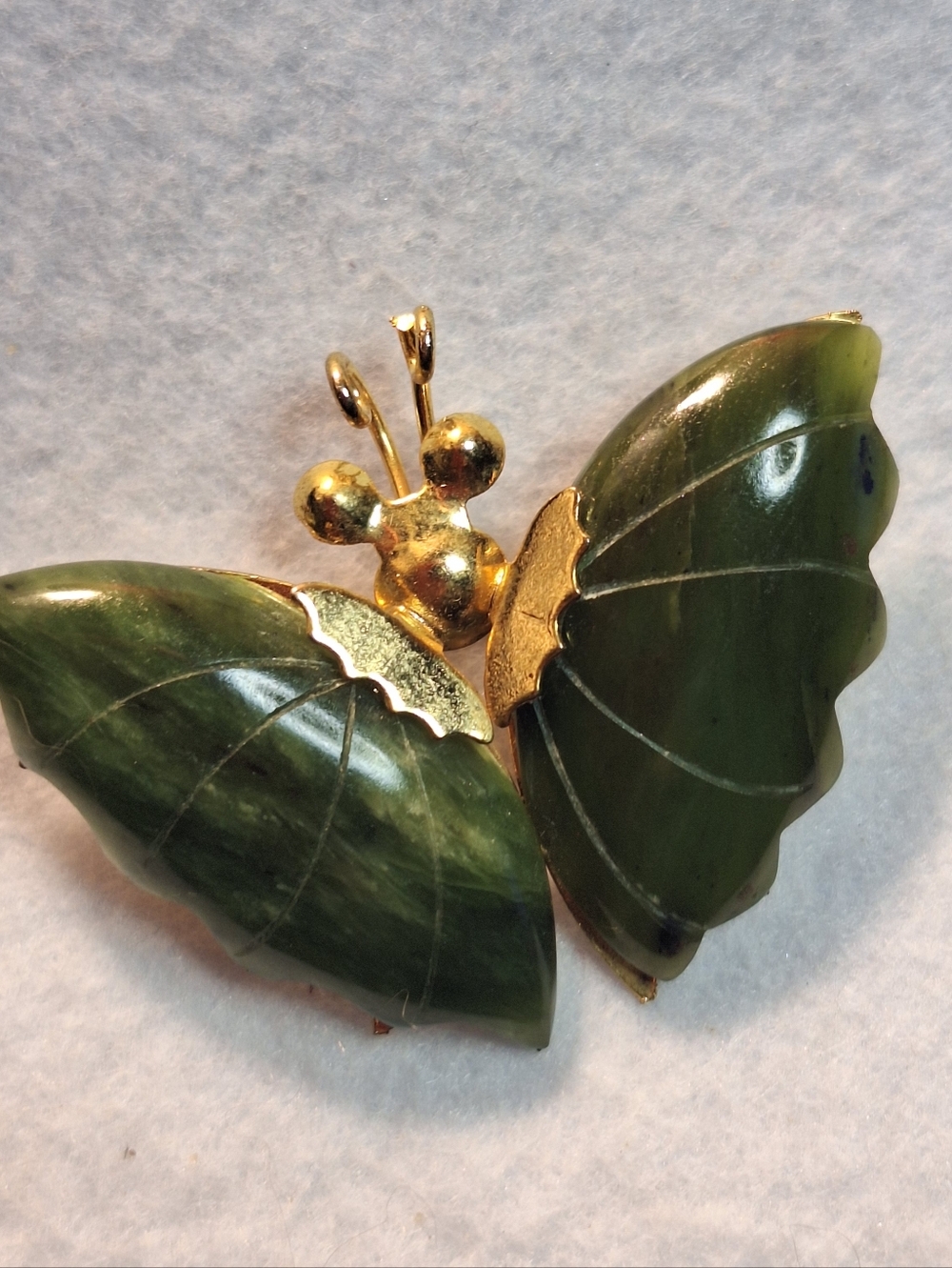 Jade Carved Green Butterfly Brooch with Goldtones.